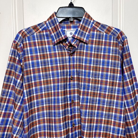 David Donahue Mens Blue/Orange Plaid 100% Cotton Long-Sleeve Button-Down Size M - Picture 3 of 11